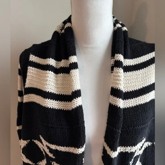 Black and White Striped Women's Wrap Cardigan Sweater - Picture 2 of 6